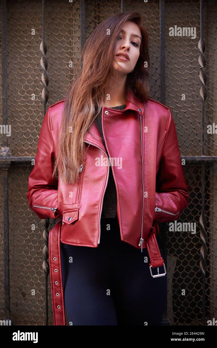 female red leather jacket