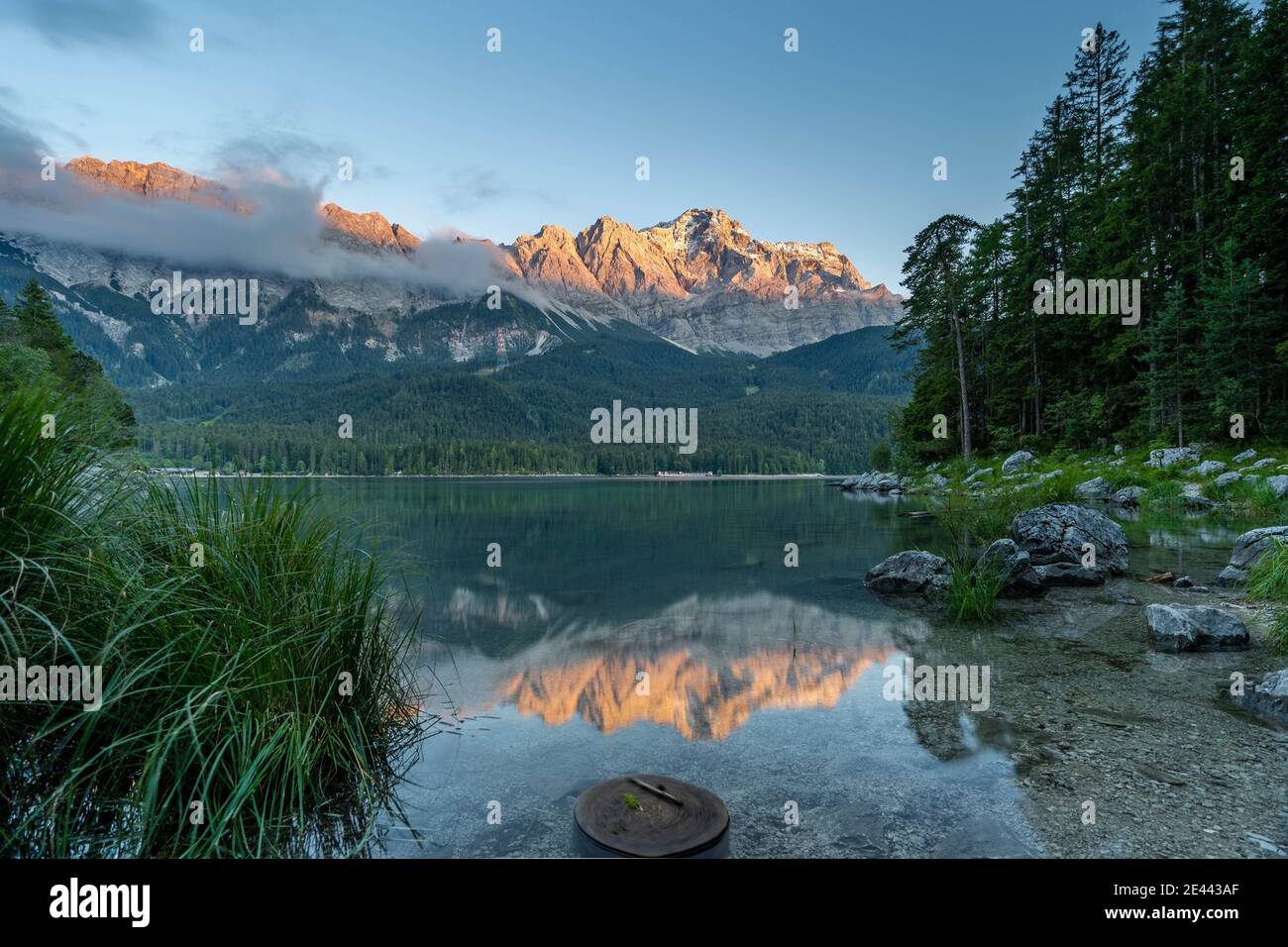 Eibsee lake view of Zugspitze Alpenglow in Germany Summer Stock Photo ...