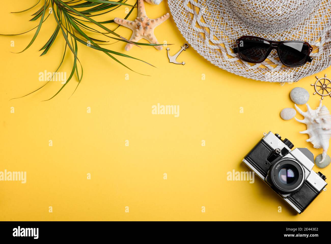 Palm leaves, seashells and camera on yellow Stock Photo