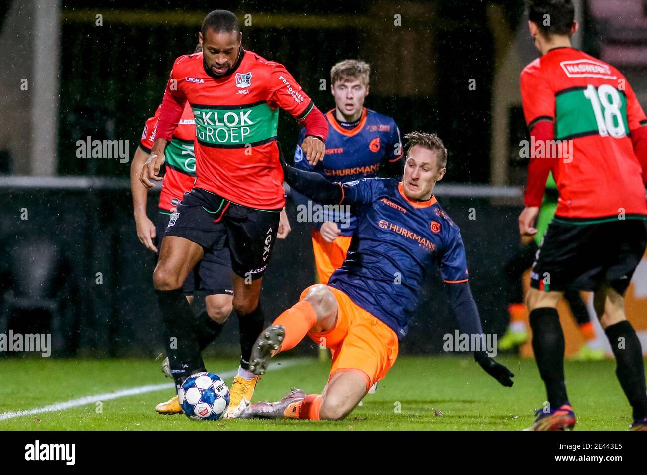 NIJMEGEN, NETHERLANDS - JANUARY 21: (L-R): Rangelo Janga of NEC, Sebastian Polter of Fortuna Sittard during the Dutch KNVB Cup match between NEC and F Stock Photo
