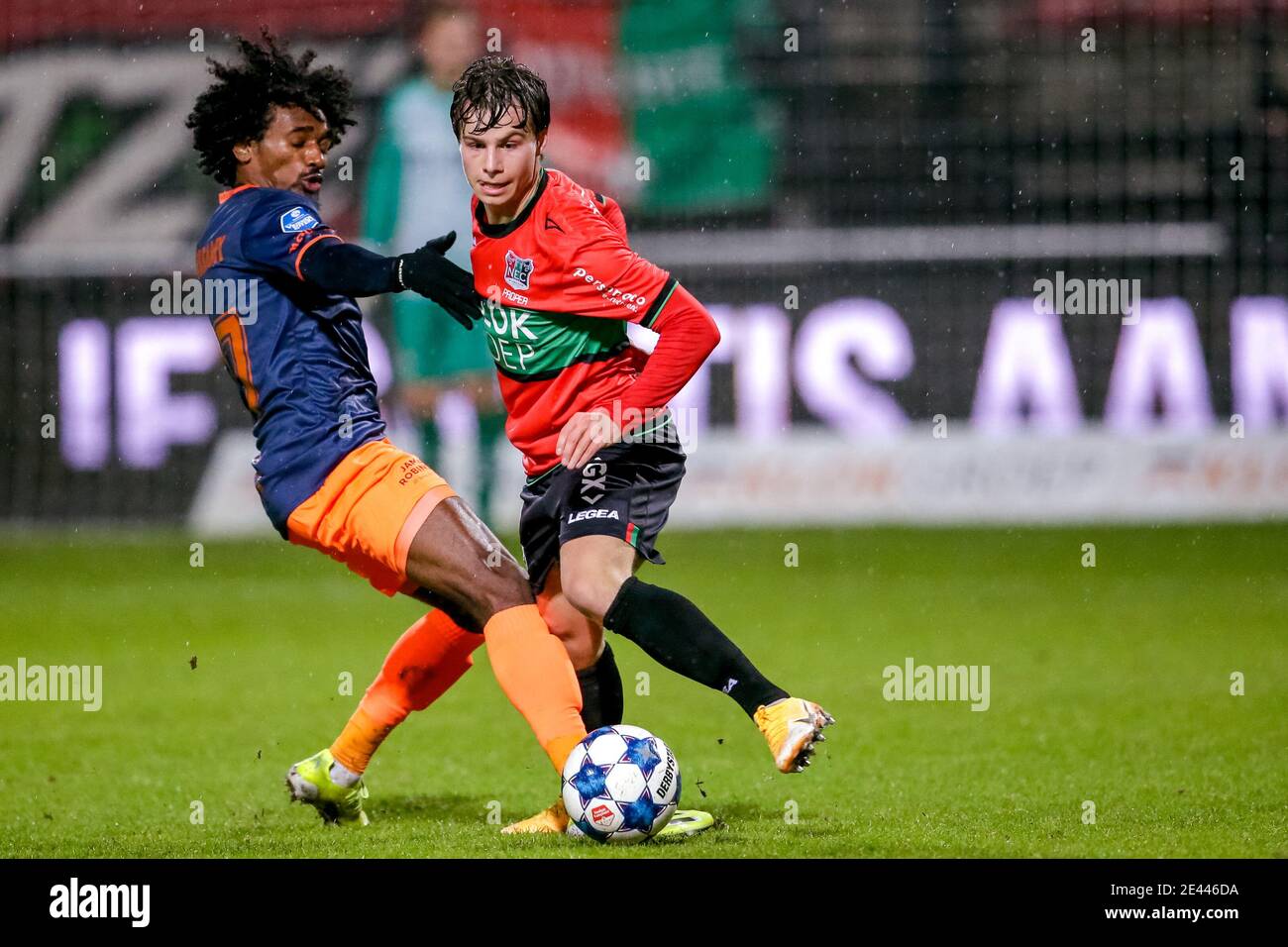 NIJMEGEN, NETHERLANDS - JANUARY 21: (L-R): Samuel Moutoussamy of Fortuna Sittard, Dirk Proper of NEC during the Dutch KNVB Cup match between NEC and F Stock Photo