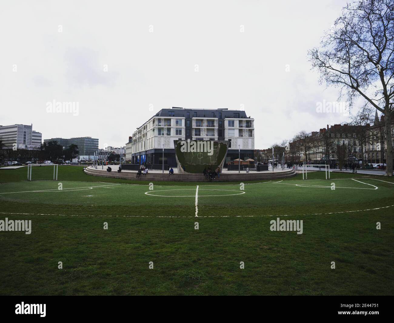 Panorama view of crooked circular curved football soccer pitch field grass  meadow ground mirror reflection in Feydeau Nantes France Europe Stock Photo  - Alamy