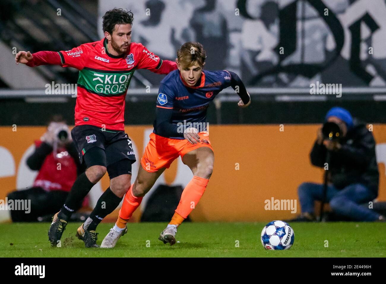 NIJMEGEN, NETHERLANDS - JANUARY 21: (L-R): Jordy Bruijn of NEC, Lazaros Rota of Fortuna Sittard during the Dutch KNVB Cup match between NEC and Fortun Stock Photo