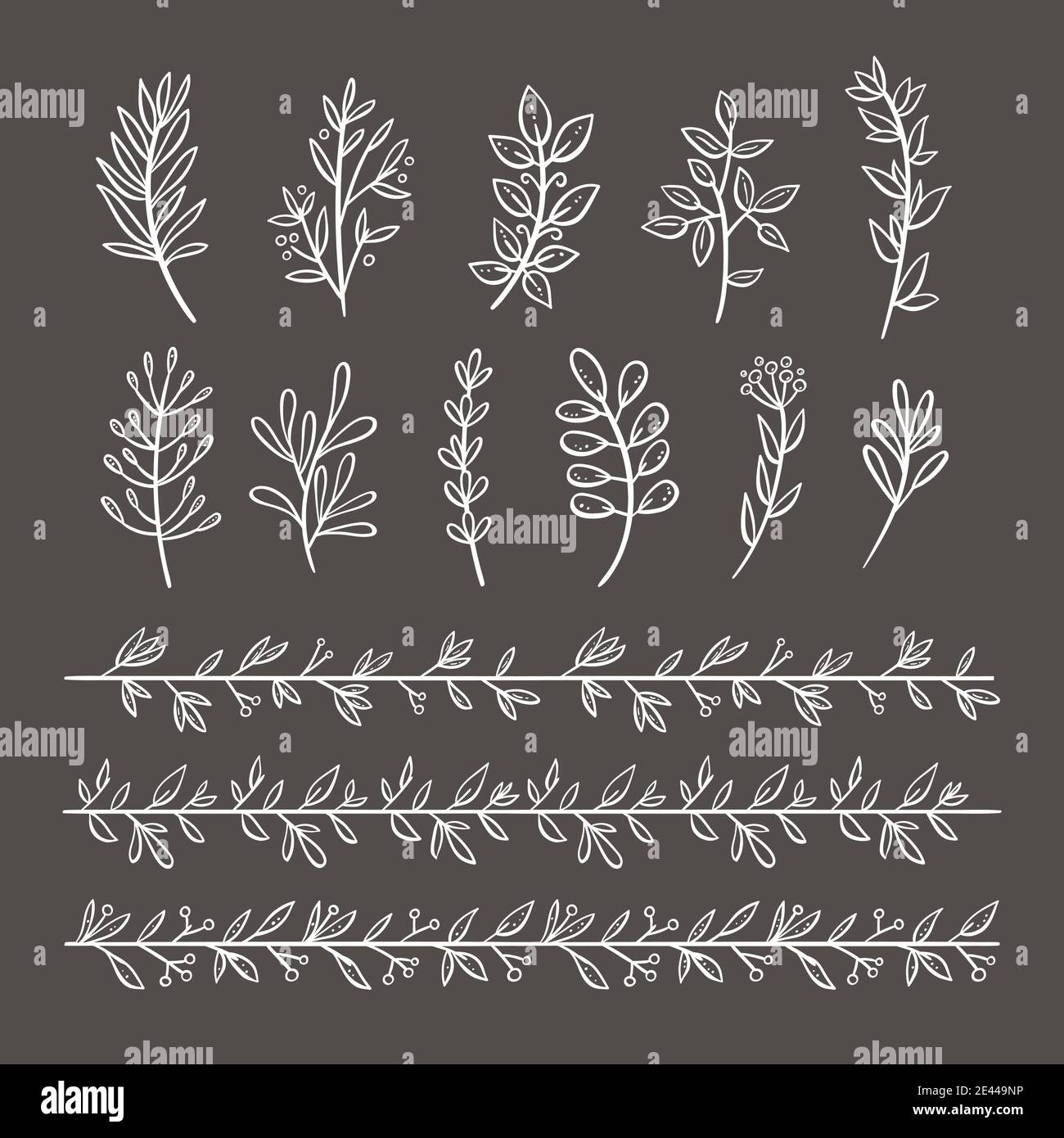 Bundle of branches with leaves and berries. Hand drawn blackboard decorative elements. Perfect for invitations, greeting cards, quotes, frames. Floral Stock Vector
