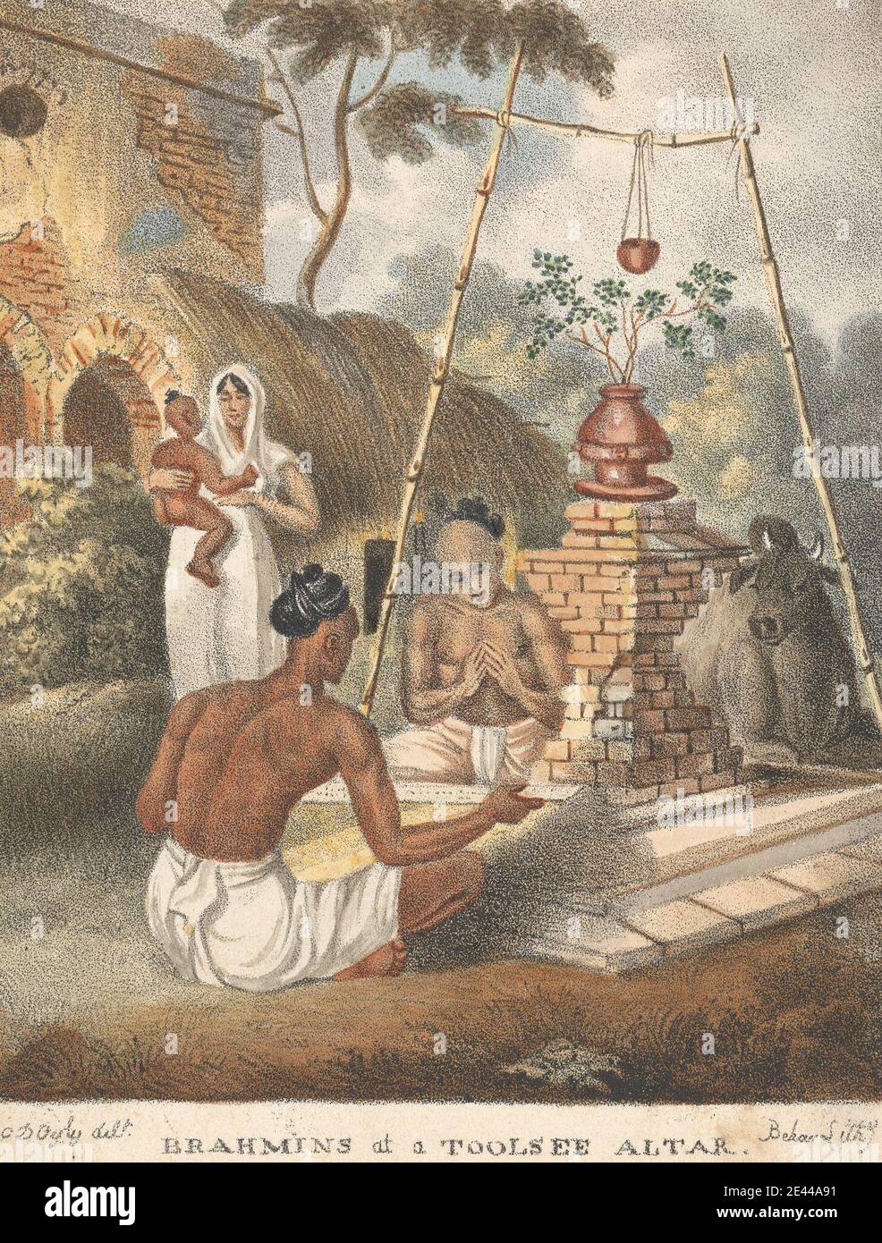 Sir Charles D'Oyly, 1781â€“1845, British, active in India, Brahmins at a Toolsee Altar, undated. Chromolithograph on medium, slightly textured, cream wove paper mounted on moderately thick, slightly textured, beige wove paper.   altar , arches , ascetics , bamboo , bowl , brahmins , child , clouds , cow , genre subject , grass , Indian , offerings , plants , religion , stone , stones , trees , woman. India Stock Photo