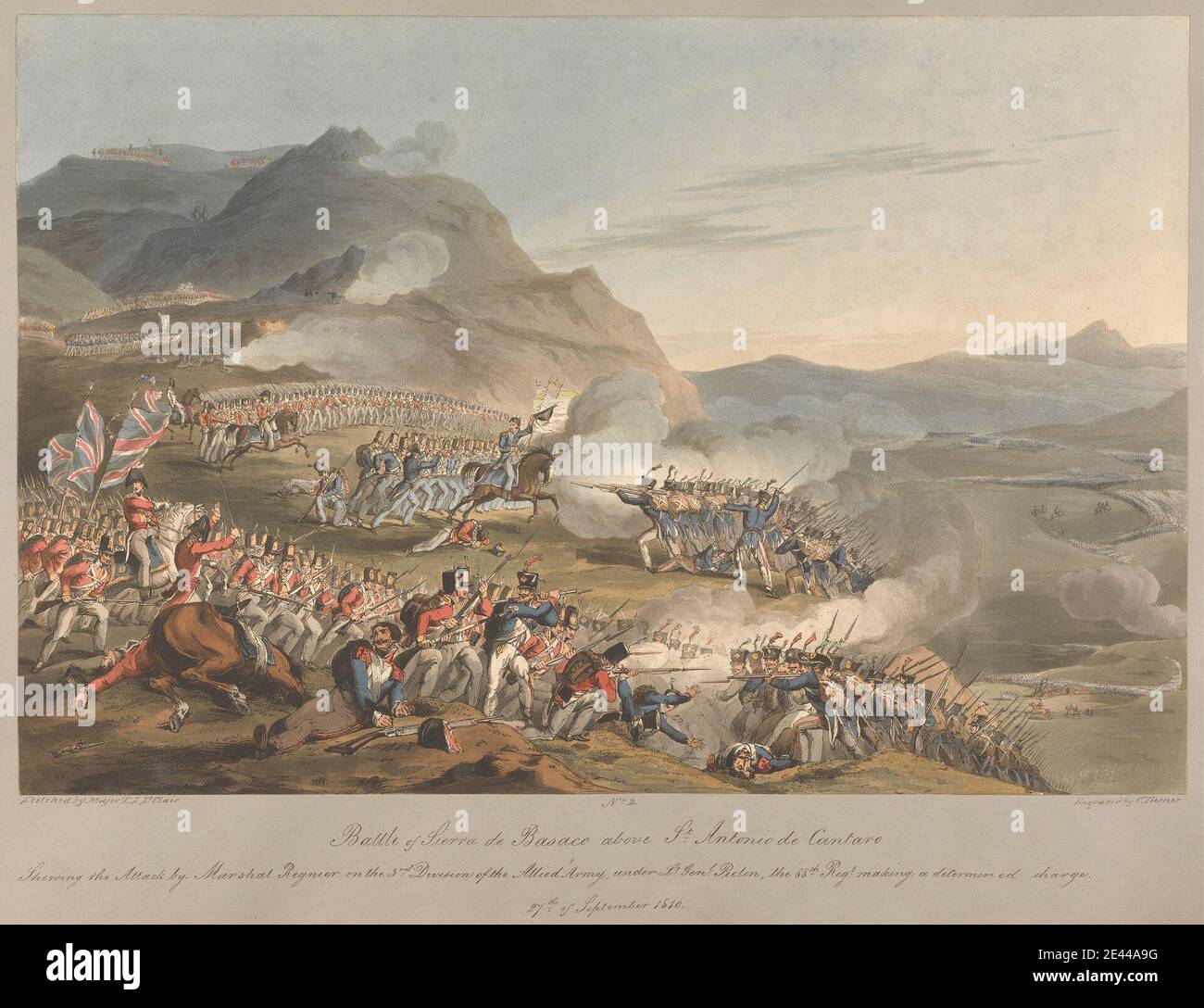 Charles Turner, 1774â€“1857, British, No.2 Battle of Sierra de Basaco above St. Antonio de Cantaro, 1810. Aquatint, colored.   army , battle , military art. Portugal Stock Photo