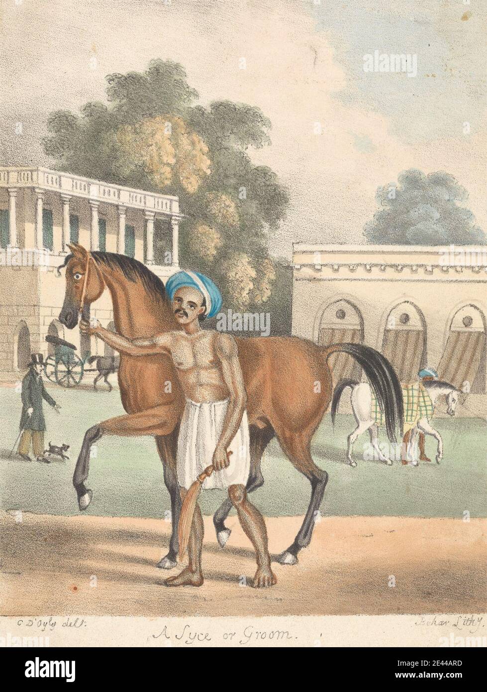 Sir Charles D'Oyly, 1781â€“1845, British, active in India, A Syce or Groom, undated. Chromolithograph on medium, slightly textured, cream wove paper mounted on moderately thick, slightly textured, beige wove paper.   animal art , arches , architectural subject , buildings , cane , columns , dog (animal) , genre subject , grass , grooms , horses (animals) , Indian , nobleman , path , servant , servants , top hat , trees , turbans , whisk. India Stock Photo