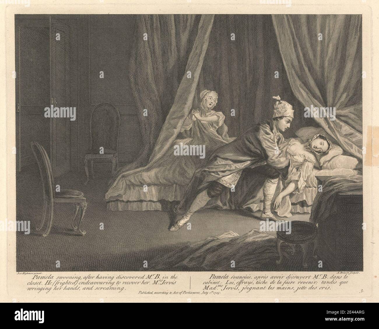 Print made by Guillaume Philippe Benoist, 1725–ca. 1770, French, Pamela Swooning, after having discovered Mr. B. in the closet, He (frighted) endeavouring to recover her, Mrs. Jervis wringing her hands, and screaming, 1745. Etching with stipple engraving on medium, slightly textured, cream laid paper.   bedroom , blankets , cap , chairs , closet , crying , drapery , fainting , fear , kissing , literary theme , man , night , nightgown , novel , Pamela, or Virtue Rewarded (1740) by Samuel Richardson (1689-1761) , pillows , robe , screaming , servants , slippers , stockings , stool , surprise , s Stock Photo