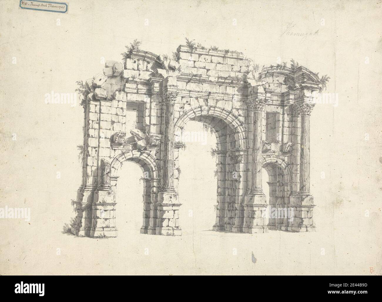 James Bruce, 1730â€“1794, British, Triumphal Arch Thamugas, undated. Gray wash and graphite on medium, moderately textured, cream laid paper.   architectural subject Stock Photo