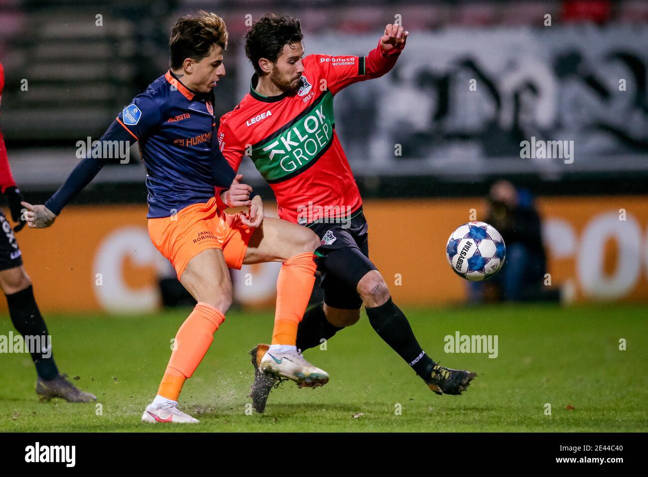 NIJMEGEN, NETHERLANDS - JANUARY 21: (L-R): Lazaros Rota of Fortuna Sittard, Jordy Bruijn of NEC during the Dutch KNVB Cup match between NEC and Fortun Stock Photo