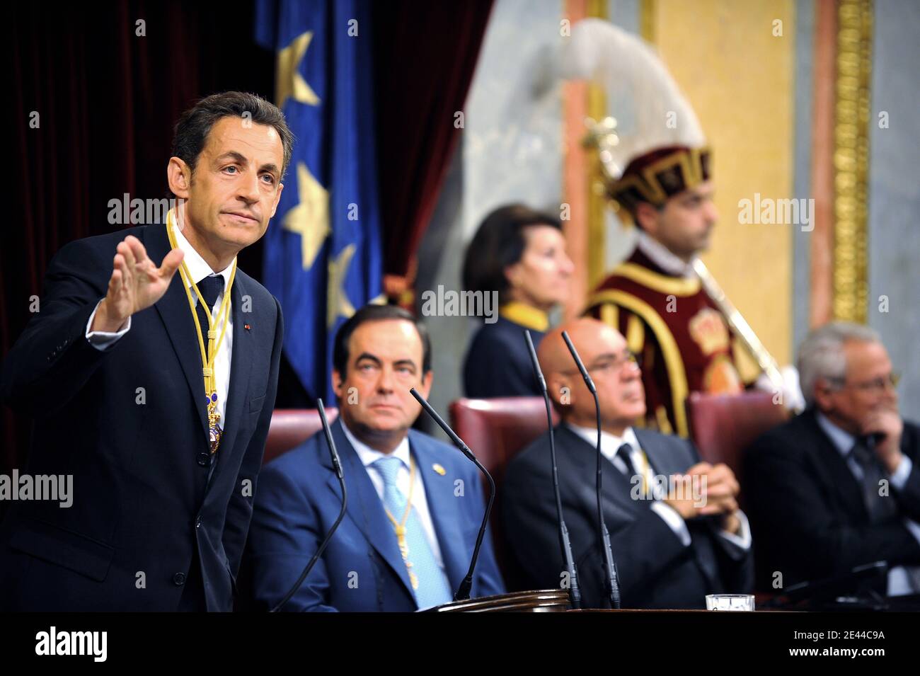 French President Nicolas Sarkozy addresses the Spanish Parliament, 'Cortes', in Madrid, Spain on April 28, 2009. Sarkozy began his first official state visit to Spain on Monday promising backing in the fight against terrorism and saying relations have 'never been so strong,' but it was his wife Carla who grabbed the spotlight. Photo by Thierry Orban/ABACAPRESS.COM Stock Photo