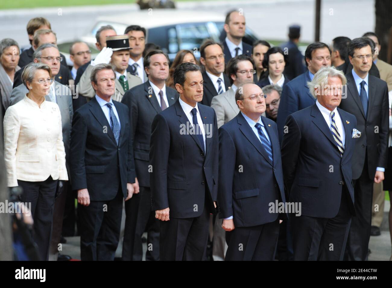 (1st round) French President Nicolas Sarkozy and French Ambassador in Spain Bruno Delaye, (2d round) French Interior Minister Michele Alliot-Marie, Foreign Minister Bernard Kouchner, Renaud Muselier attend a memory ceremony at Plaza de la Lealtad in Madrid, Spain on April 28, 2009. Photo by Witt-Niviere/Pool/ABACAPRESS.COM Stock Photo
