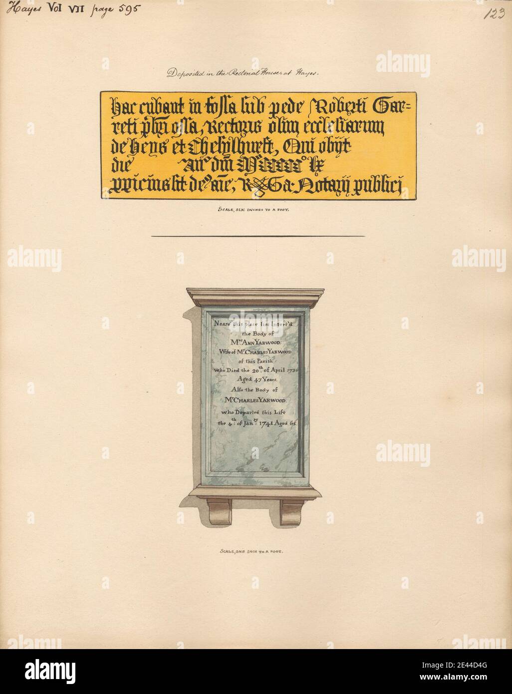 Attributed to Daniel Lysons, 1762â€“1834, British, Memorial to Mr. Charles and Mrs. Anne Yarwood from Hayes Church, beteween 1796 and 1811. Pen and black ink and watercolor over graphite on medium, slightly textured, cream wove paper.   architectural subject , church , memorial. England , Greater London , London , United Kingdom Stock Photo