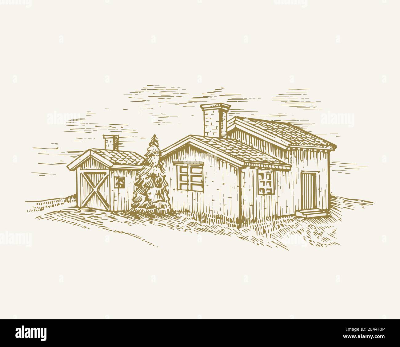 Hand Drawn Rural Buildings Landscape Vector Illustration. Farm with Barns and Pine Tree Sketch. Village Houses Doodle. Isolated Stock Vector