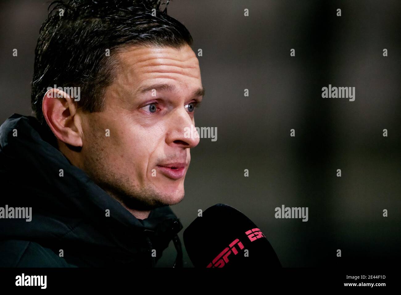 NIJMEGEN, NETHERLANDS - JANUARY 21: (L-R): Head Coach Rogier Meijer of NEC durinh interview with ESPN during the Dutch KNVB Cup match between NEC and Stock Photo