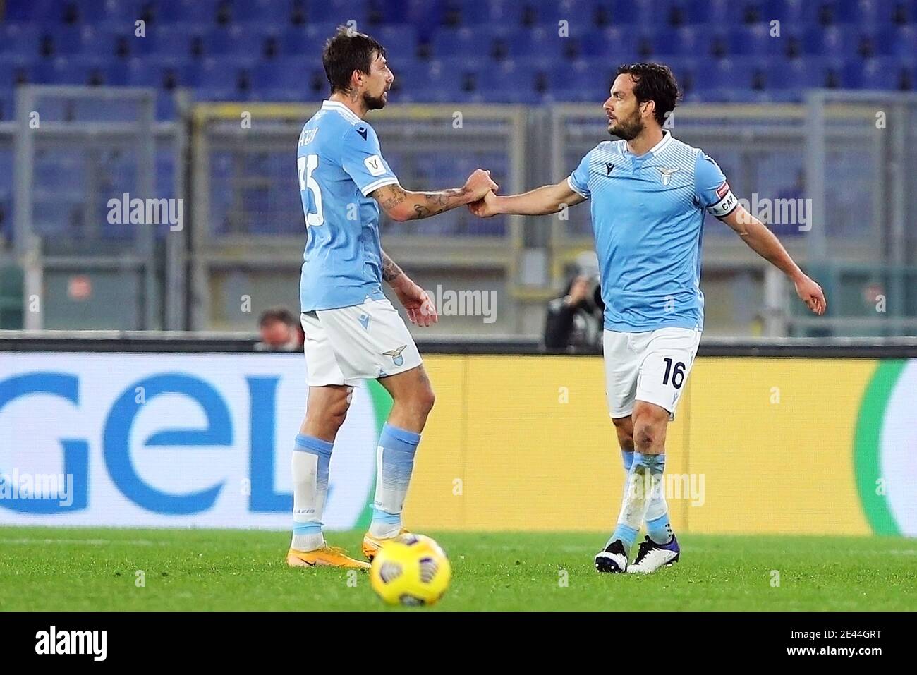 Marco Parolo of Lazio (R) celebrates with Francesco Acerbi after scoring 1-0 goal during the Italian Cup, round of 16 football match between SS Lazio and Parma Calcio on January 21, 2021 at Stadio Olimpico in Rome, Italy - Photo Federico Proietti / DPPI / LM Stock Photo