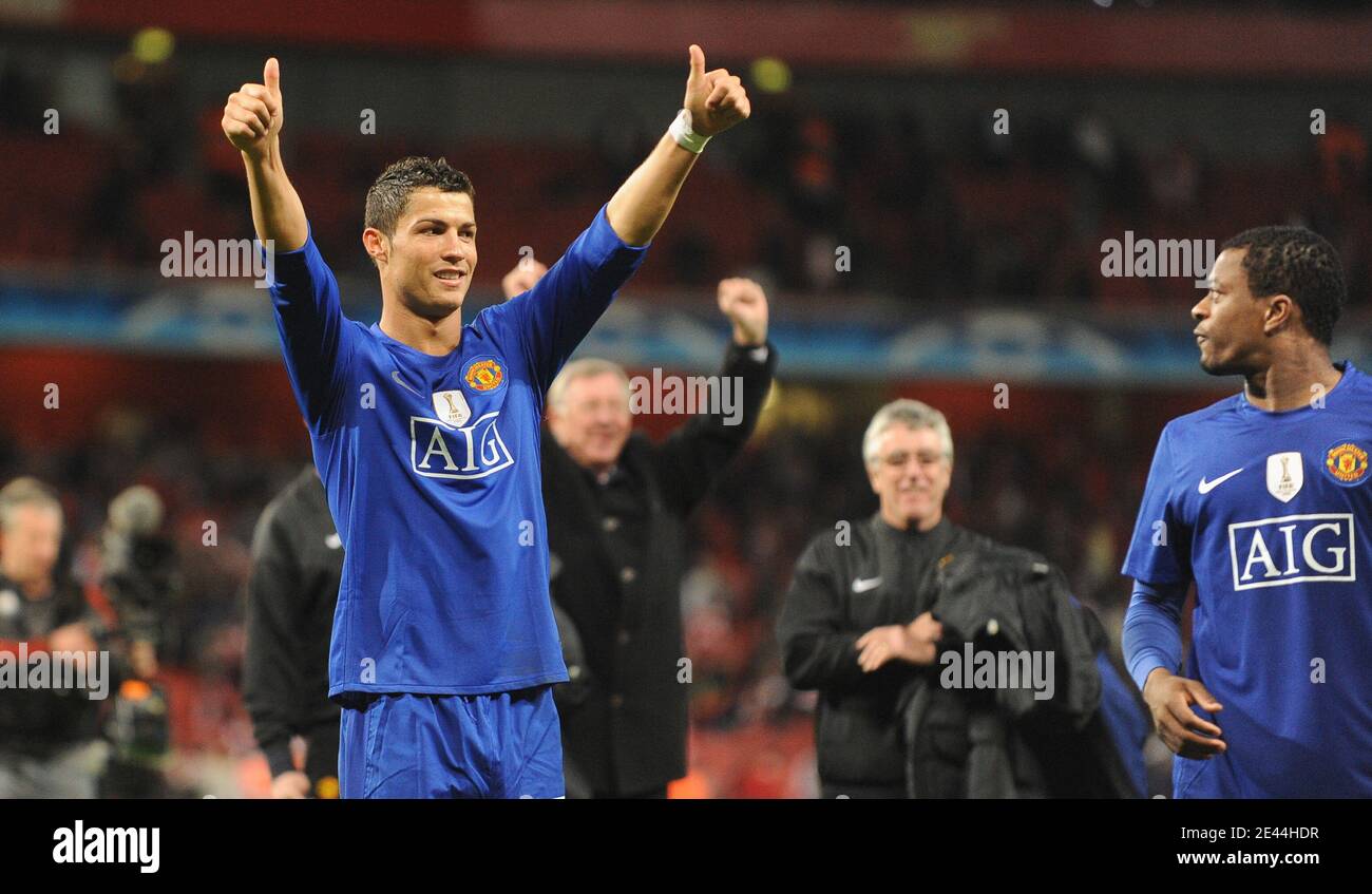 Manchester United's Cristiano Ronaldo celebrates after the final whistle  during the UEFA Champions League soccer match, Semi Final, Second Leg, Arsenal  vs Manchester United at the Emirates Stadium in London, UK on