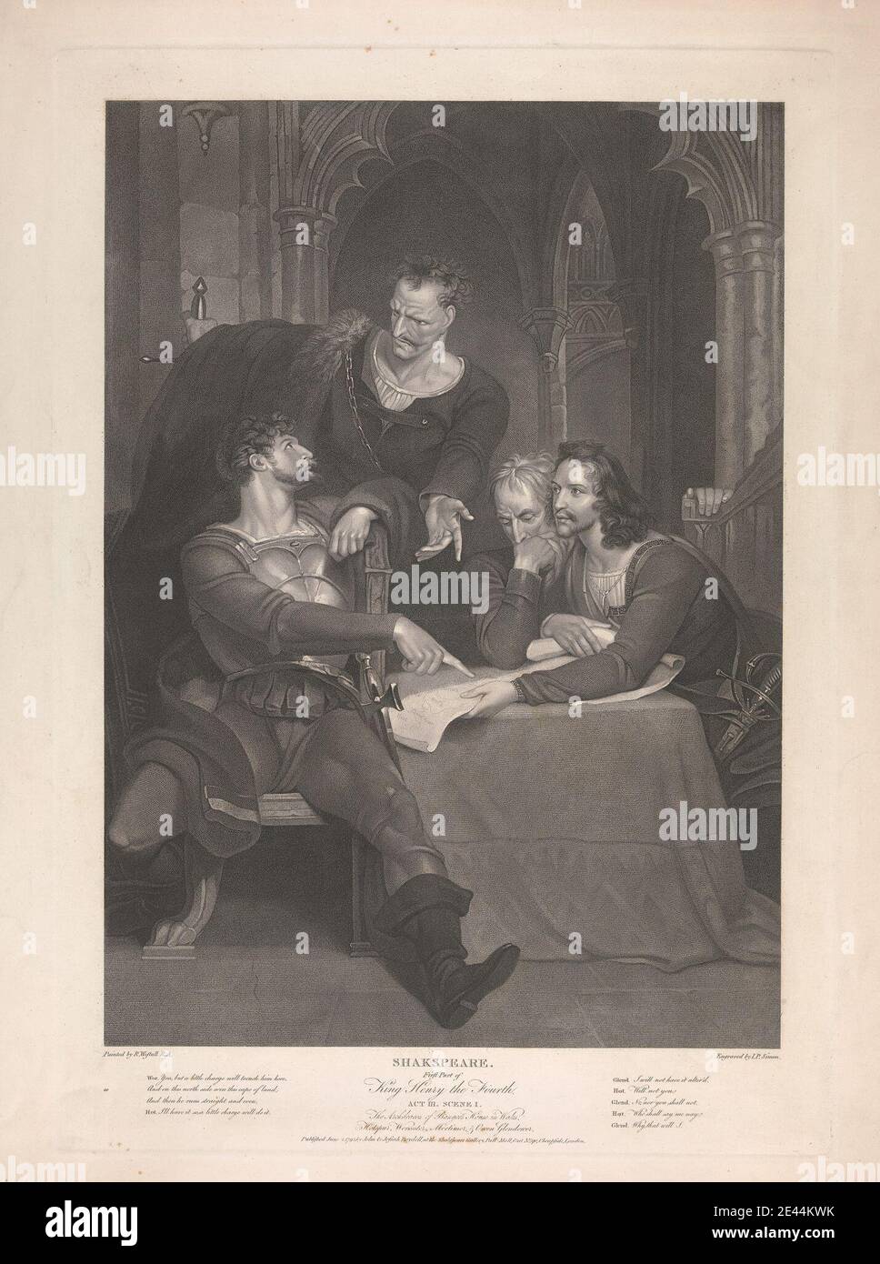 Peter Simon, 1750â€“1810, King Henry IV: Part I, Act III, Scene i, The Archdeacon of Bangor's House in Wales. Hotspur, Worcester, Mortimer, & Owen Glendower, 1795. Engraving.   Shakespeare, William (1564â€“1616), playwright and poet Stock Photo