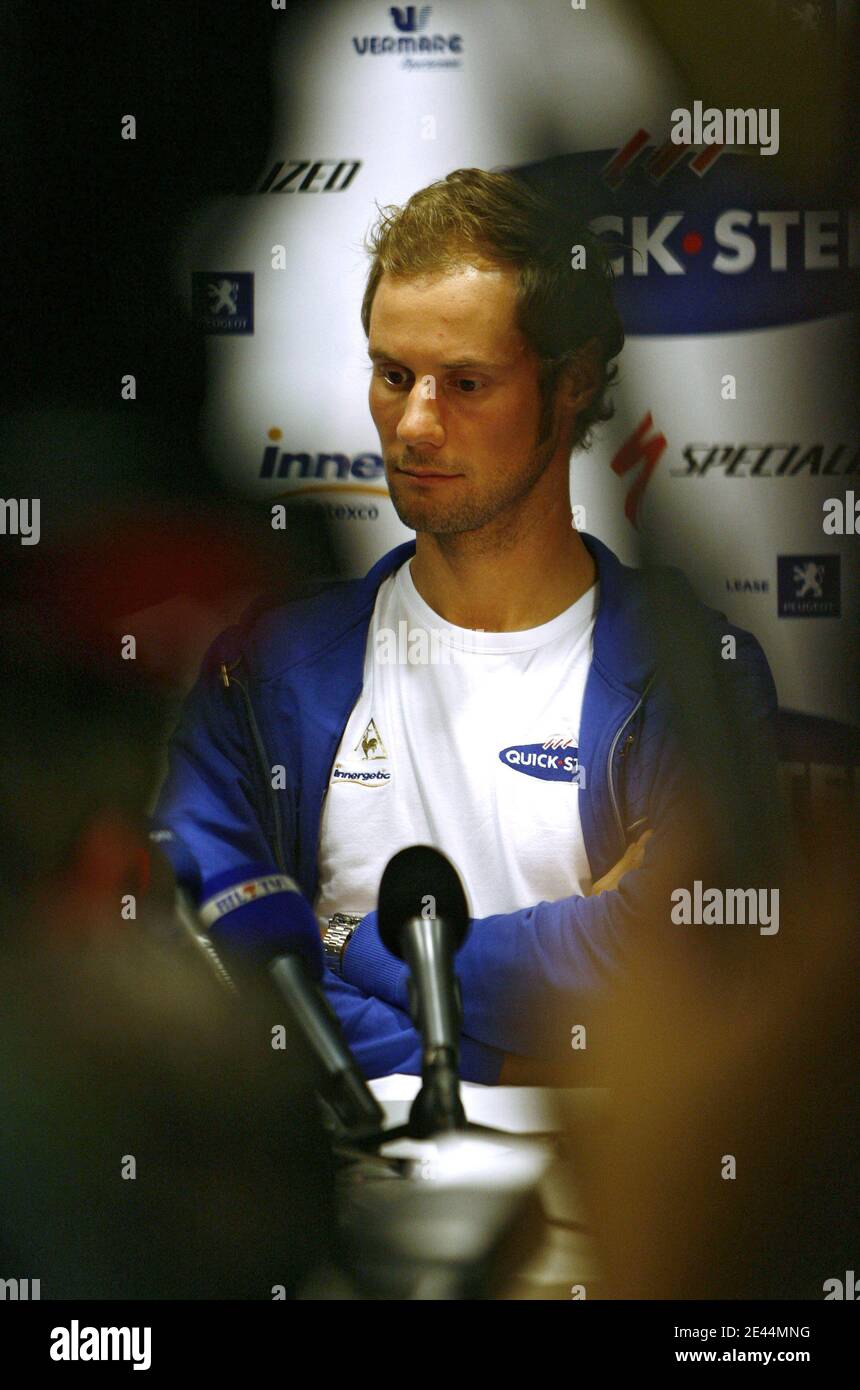 Former cycling world champion Tom Boonen attends a press conference at Quickstep Headquartersin Wielsbeke, Belgium on June 11, 2008. Boonen gave a press conference after cocaine allegations. Photo by Mikael LIbert/ABACAPRESS.COM Stock Photo