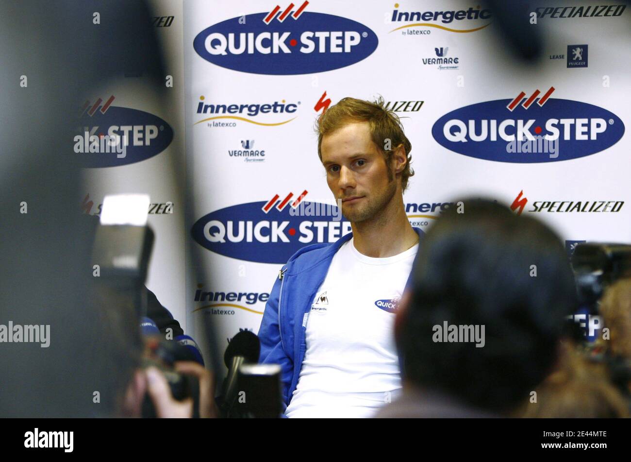 Former cycling world champion Tom Boonen attends a press conference at Quickstep Headquartersin Wielsbeke, Belgium on June 11, 2008. Boonen gave a press conference after cocaine allegations. Photo by Mikael LIbert/ABACAPRESS.COM Stock Photo