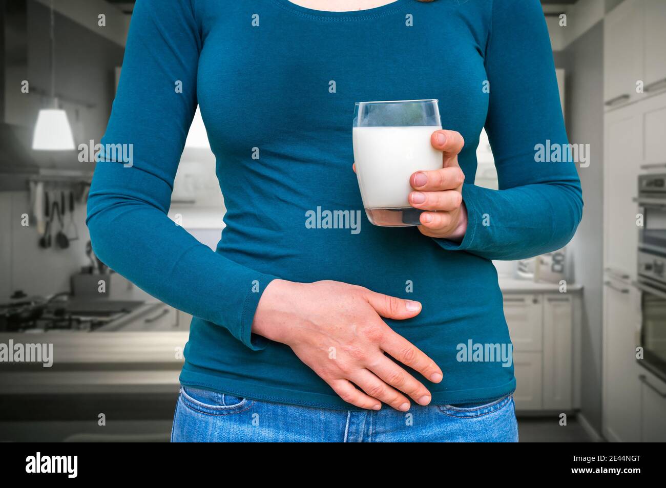 Woman with lactose problem is suffering from stomach pain dairy