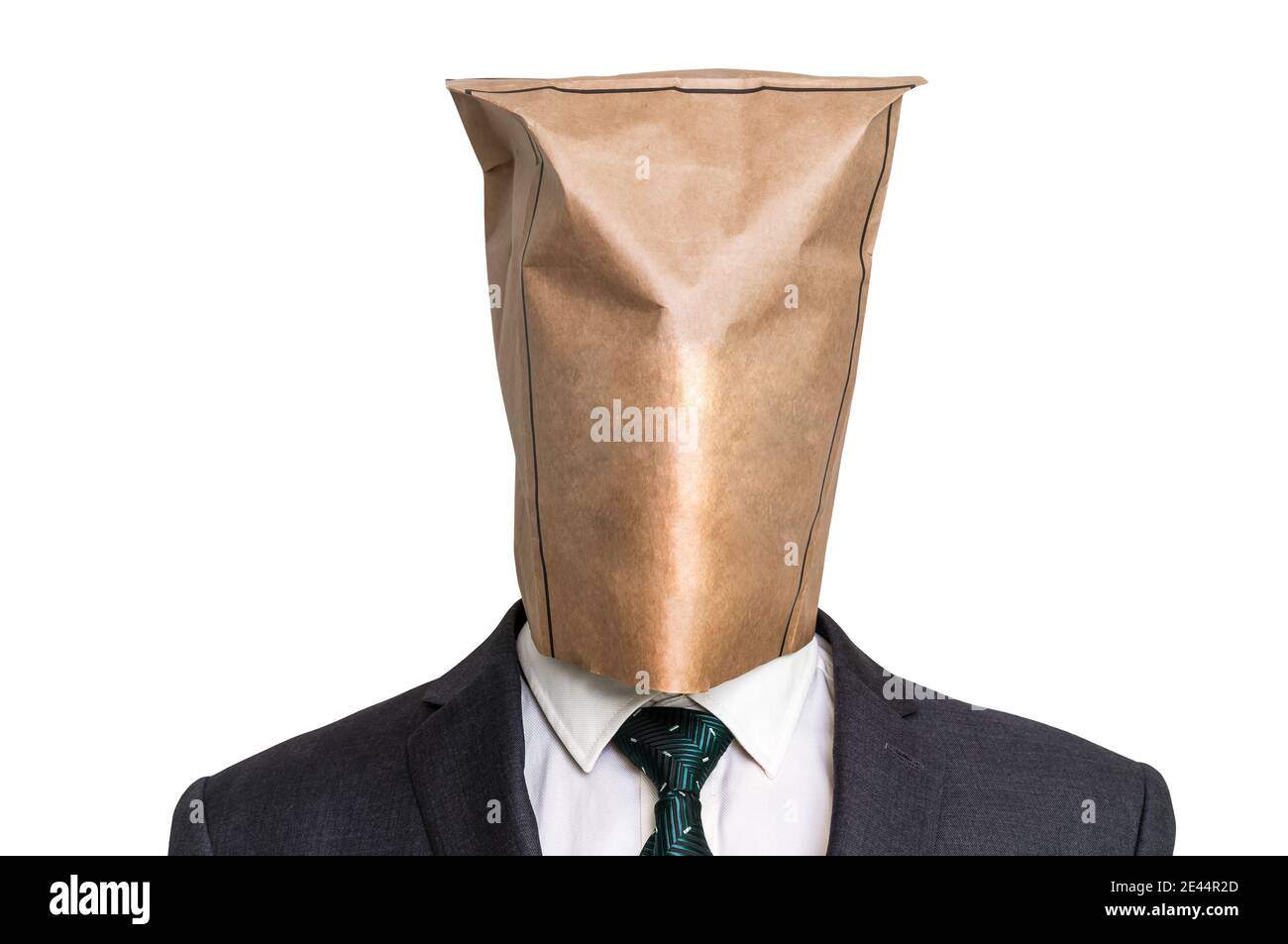 Businessman with a blank paper bag on the head - isolated on white Stock Photo