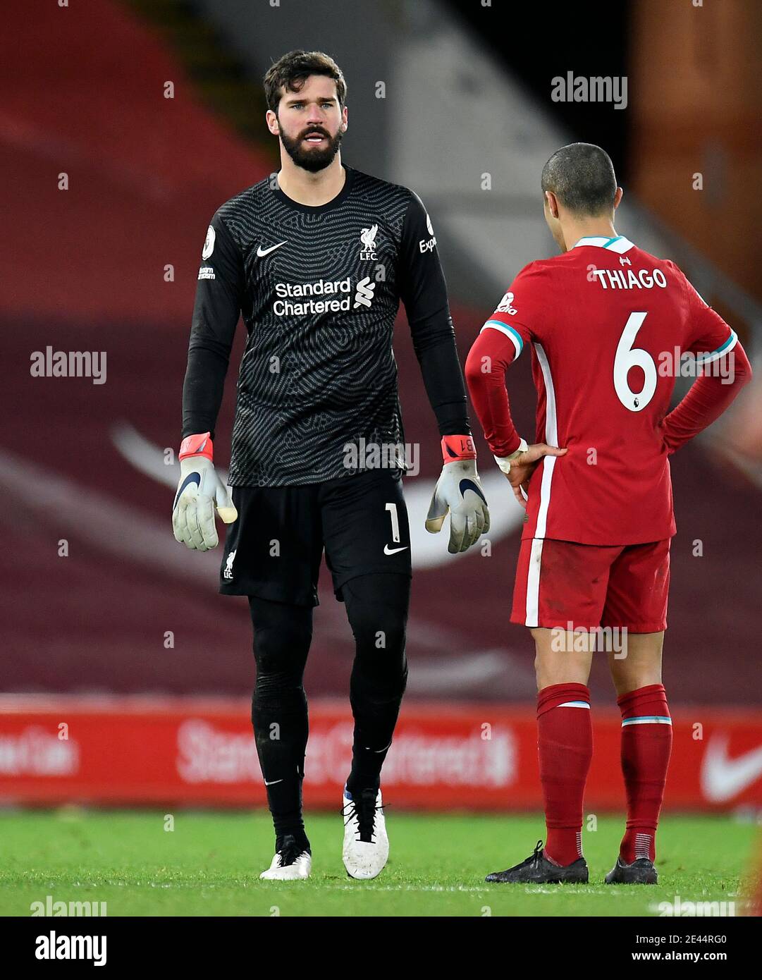 Liverpool goalkeeper Alisson and Thiago Alcantara after the Premier League  match at Anfield, Liverpool. Picture date: Thursday January 21, 2021 Stock  Photo - Alamy