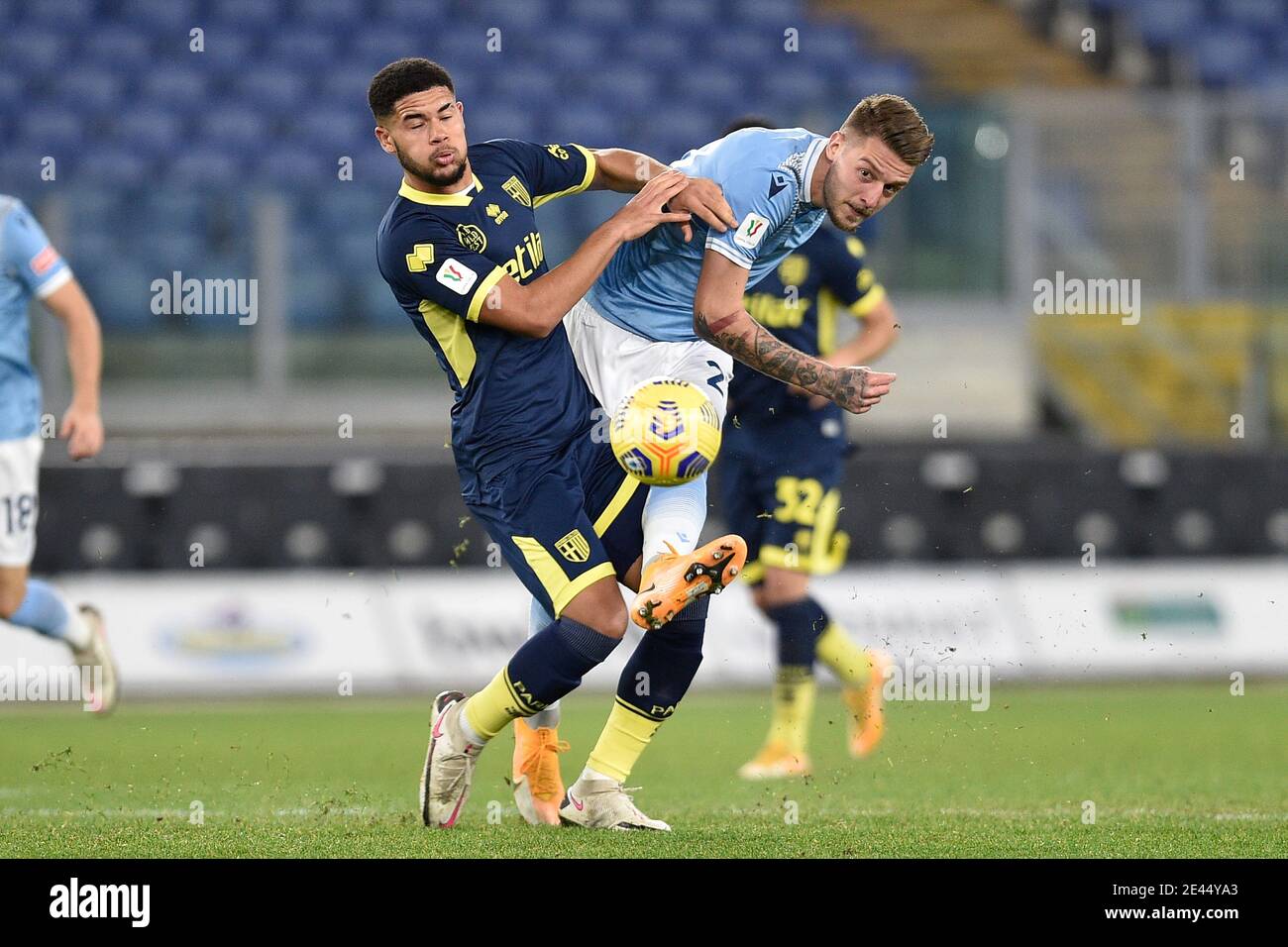 Rome, Italy. 21st Jan, 2021. ROME, ITALY - January 21 : Simon Salomon Sohm  (L) of Parma in action against Serjei Milinkovic (R) of SS Lazio during the  eighths TIM Cup soccer