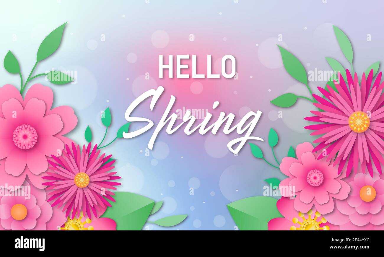 Hello spring background with beautiful flowers. Simple paper cut style
