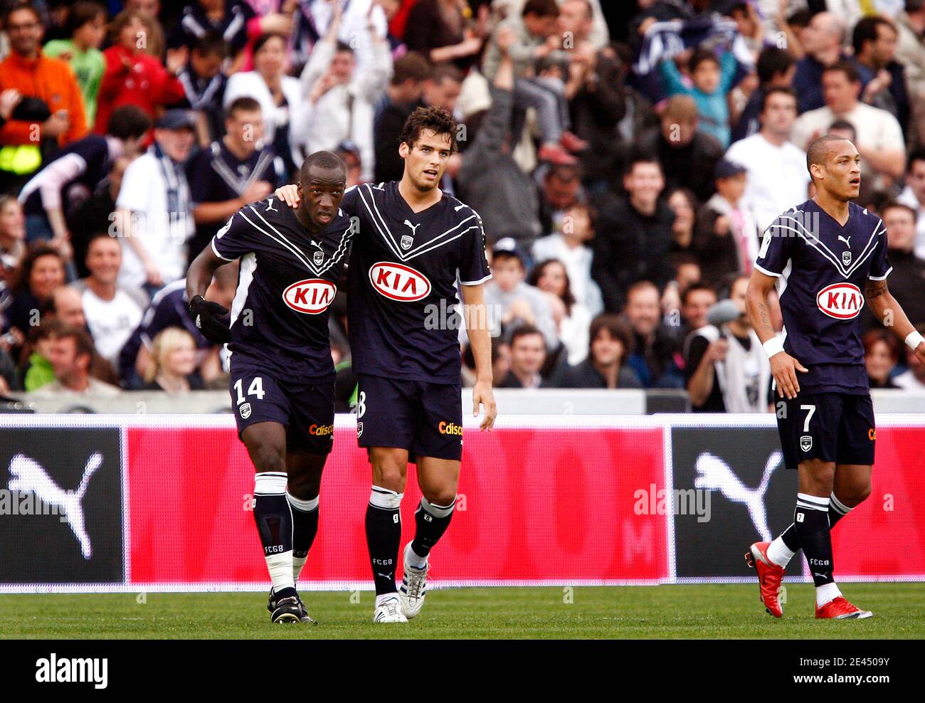 Bordeaux's Yoann Gourcuff celebrates after scoring the second goal with his  teammate Souleymane Diawara during the French First League soccer match,  Girondons de Bordeaux vs Le Mans Union Club 72 at the