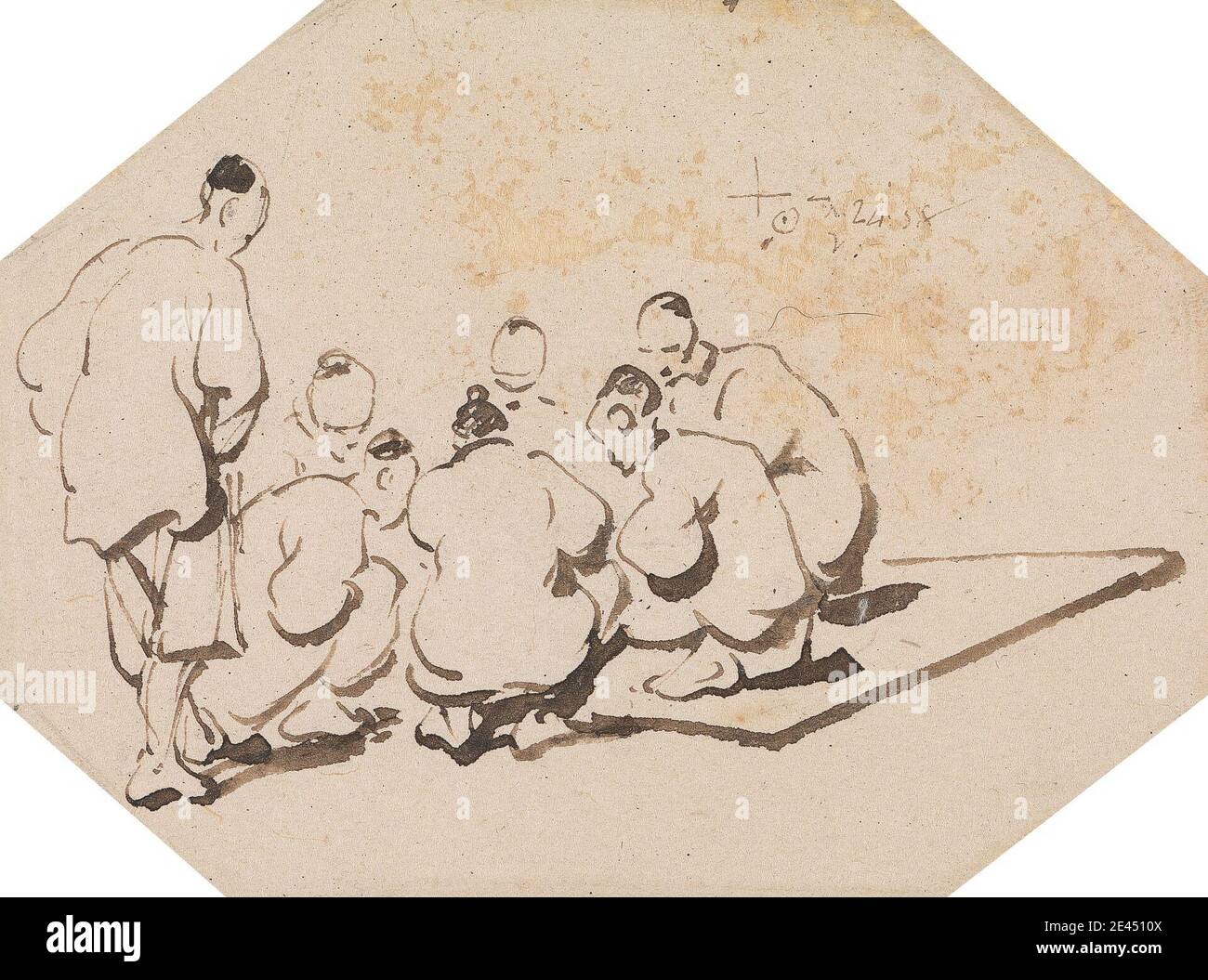 George Chinnery, 1774â€“1852, British, Group of Seven Coolies Gambling, undated. Pen and brown ink on medium, slightly textured, cream wove paper.   figures (representations) , gambling , genre subject , workers. China Stock Photo