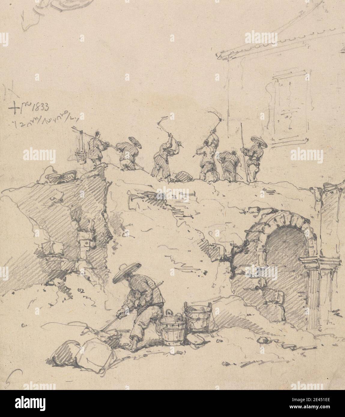 George Chinnery, 1774â€“1852, British, Chinese Coolies Demolishing a Building, 1833. Graphite on medium, slightly textured, cream wove paper.   arch , building , demolition , figure study , landscape , workers. China Stock Photo