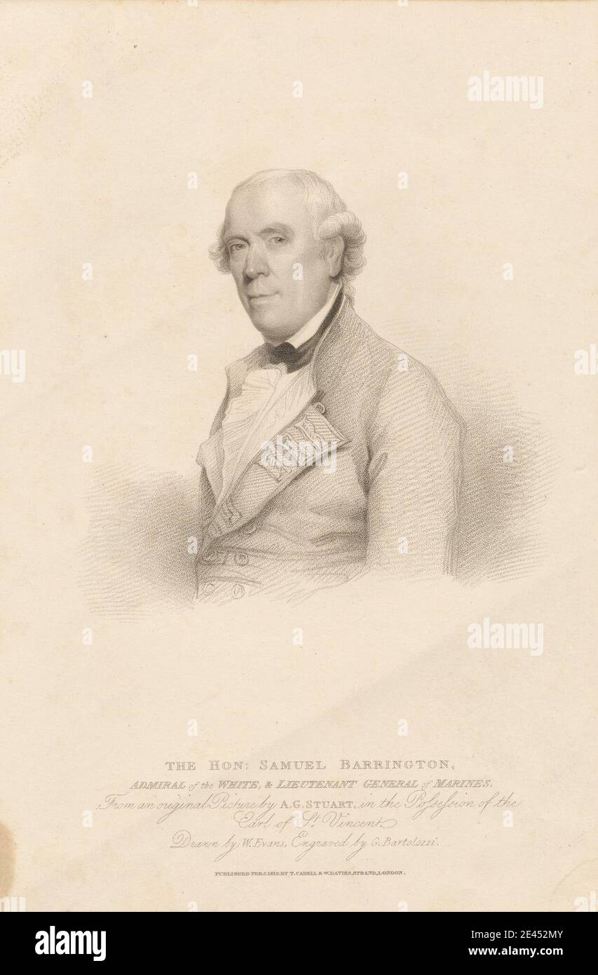 Print made by Gaetano Stefano Bartolozzi, 1757â€“1821, Italian, The Hon. Samuel Barrington, 1729/30-1800, 1812. Soft-ground etching and stipple engraving on moderately thick, slightly textured, cream wove paper.   admiral , Admiral of the White , costume , man , marines (soldiers) , navy , officer (military officer) , portrait , Royal Navy , uniform. Barrington, Samuel (1729â€“1800), naval officer Stock Photo
