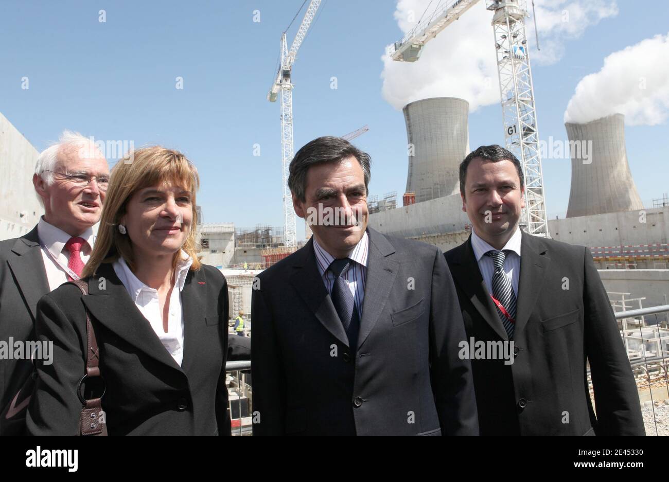 Gerard Perrat AREVA executive president, Prime minister FranÀois Fillon and AREVA chief executive officer Anne Lauvergeon and Montelimar deputy mayor Franck Reynier visit the French Areva power company Tricastin nuclear plant in Bollene, southeastern France, May 18, 2009. Photos by Vincent Dargent/ABACAPRESS.COM Stock Photo