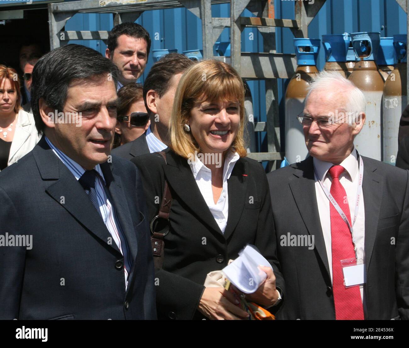 Prime minister FranÀois Fillon, AREVA chief executive officer Anne Lauvergeon and Gerard Perrat AREVA executive president visit the French Areva power company Tricastin nuclear plant in Bollene, southeastern France, May 18, 2009. Photos by Vincent Dargent/ABACAPRESS.COM Stock Photo