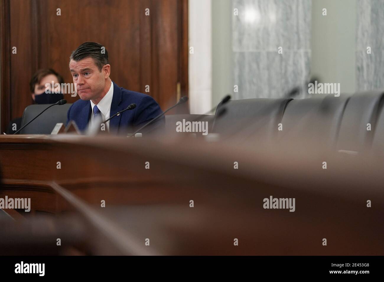 United States Senator Todd Young (Republican of Indiana), speaks during a Senate Commerce, Science and Transportation Committee confirmation hearing for U.S. Secretary of Transportation nominee Pete Buttigieg in Washington, DC, U.S., on Thursday, Jan. 21, 2021. Buttigieg, is pledging to carry out the administration's ambitious agenda to rebuild the nation's infrastructure, calling it a 'generational opportunity' to create new jobs, fight economic inequality and stem climate change.Credit: Stefani Reynolds/Pool via CNP | usage worldwide Stock Photo