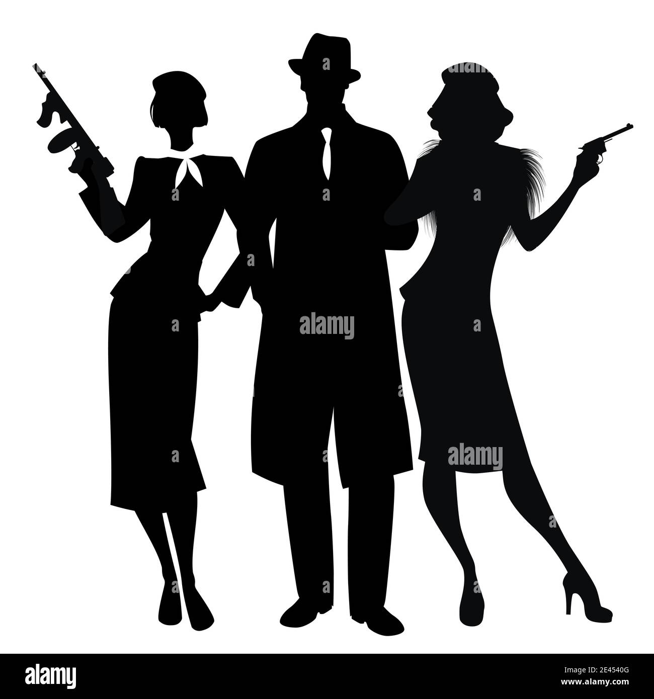 Silhouettes of elegant criminal trio in style, armed pistol submachine gun, isolated on white background. Classic film noir style Stock Vector Image & Art - Alamy