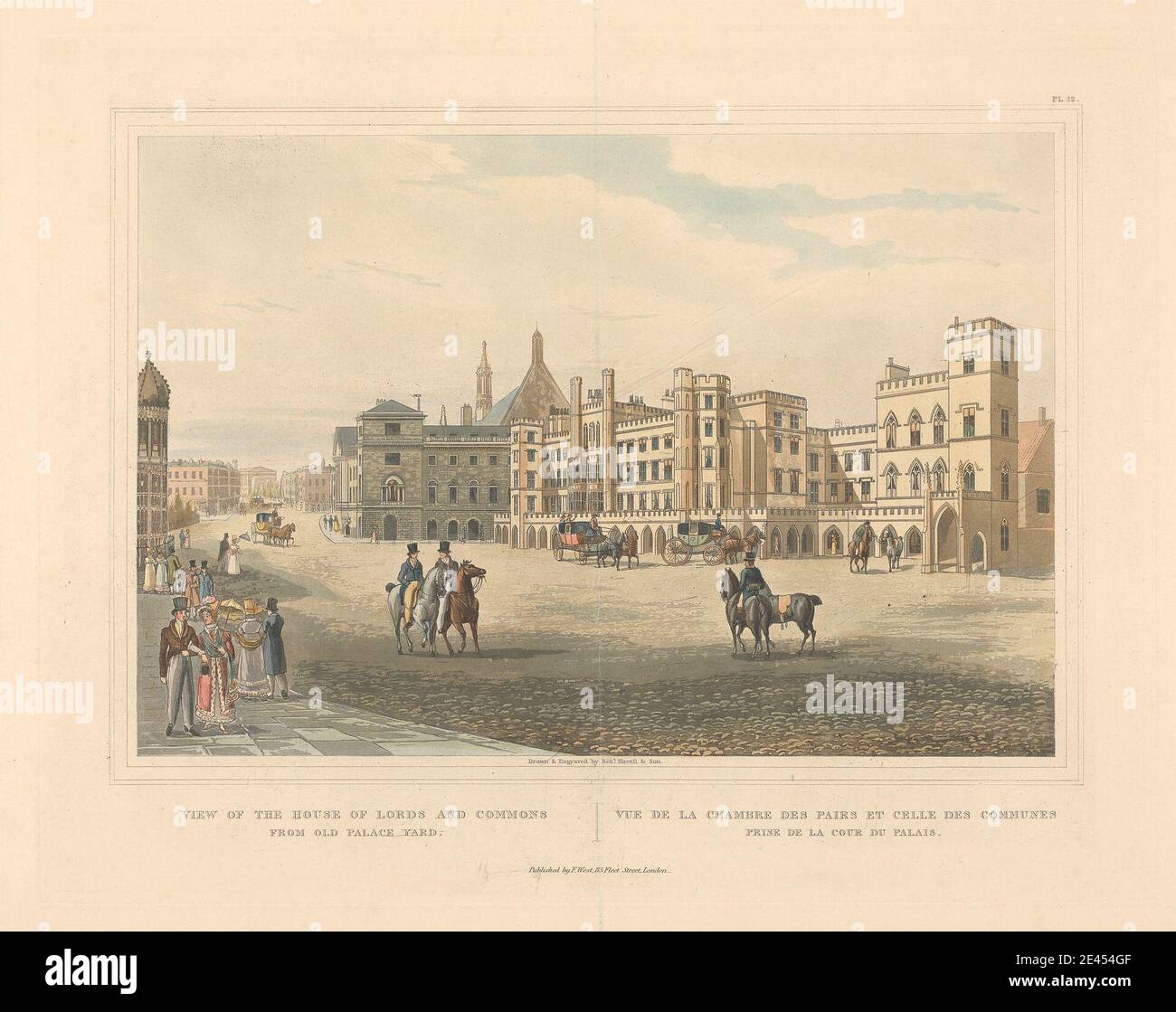 Robert Havell, 1769â€“1832, British, View of the Houses of Lords and Commons from the Old Palace Yard. Aquatint, hand-colored. Stock Photo