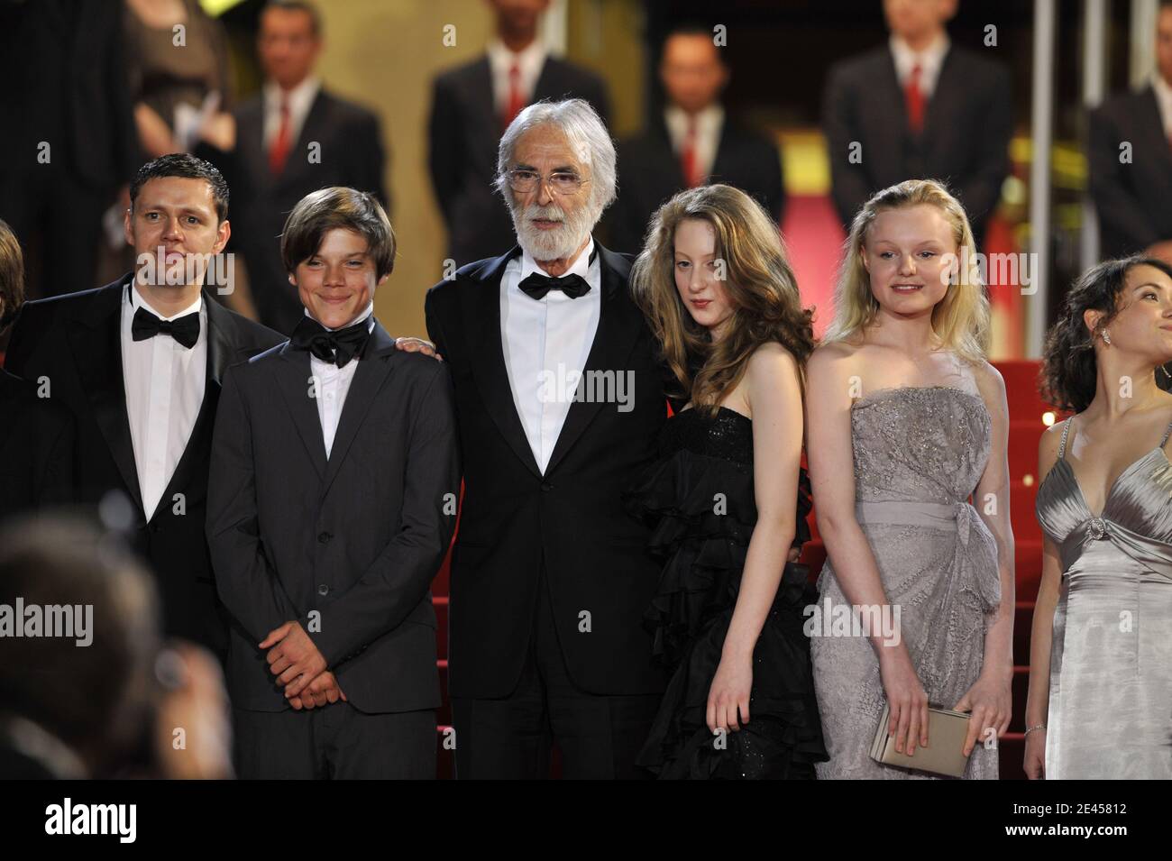 Director Michael Haneke, Leonie Benesch, Marie-Victoria Dragus, Janina Fautz, Roxanne Duran, Michal Kranz, Leonard Proxauf and Enno Trebbs arriving for the screening of 'The White Ribbon' during the 62nd Cannes Film Festival at the Palais des Festivals in Cannes, France on May 21, 2009. Photo by Nebinger-Orban/ABACAPRESS.COM Stock Photo