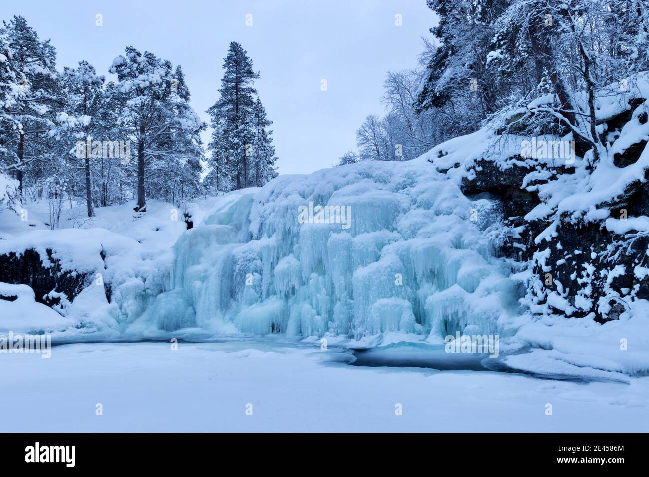 A frozen waterfall hidden in a forest in norther Norway Stock Photo