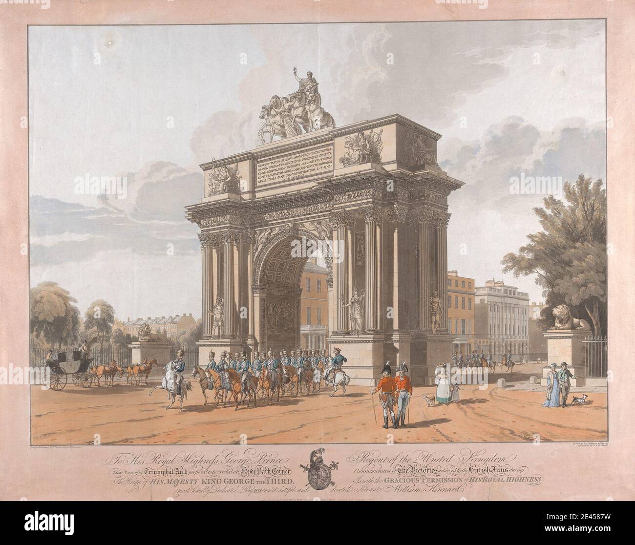 Robert Havell, 1769â€“1832, British, View of a Triumphal Arch Proposed to be Erected at Hyde Park Corner Commenorative of the Victory ...King George III, 1813. Hand-colored etching and aquatint. Stock Photo