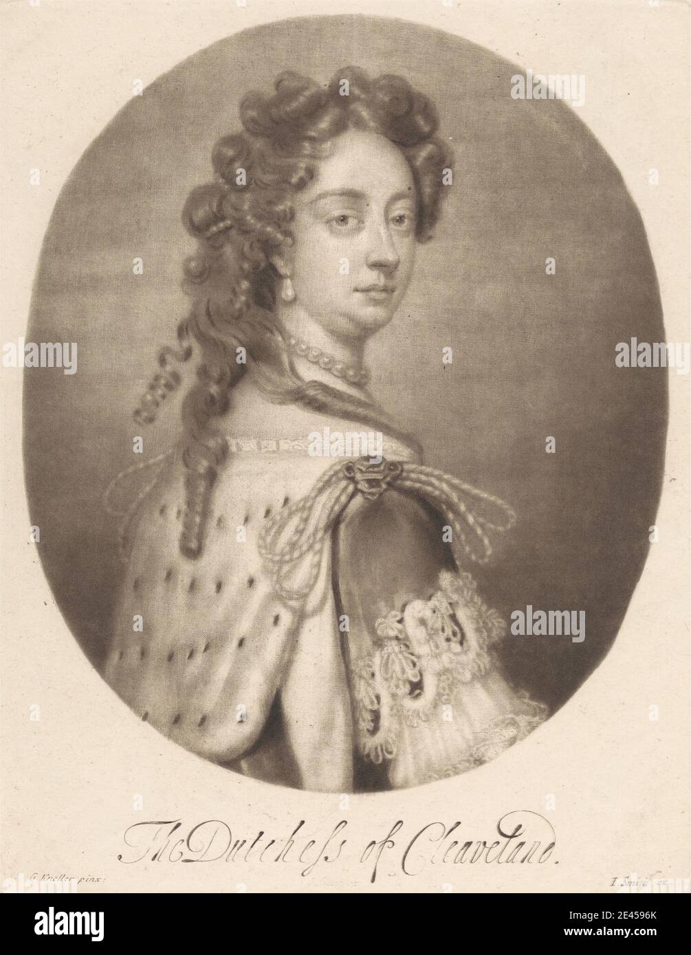 Print made by Sir Godfrey Kneller, 1646â€“1723, German, active in Britain (from 1676), Barbara Palmer (nÃ©e Villiers), Duchess of Cleveland, between 1681 and 1688. Mezzotint on medium, slightly textured, cream wove paper. Stock Photo