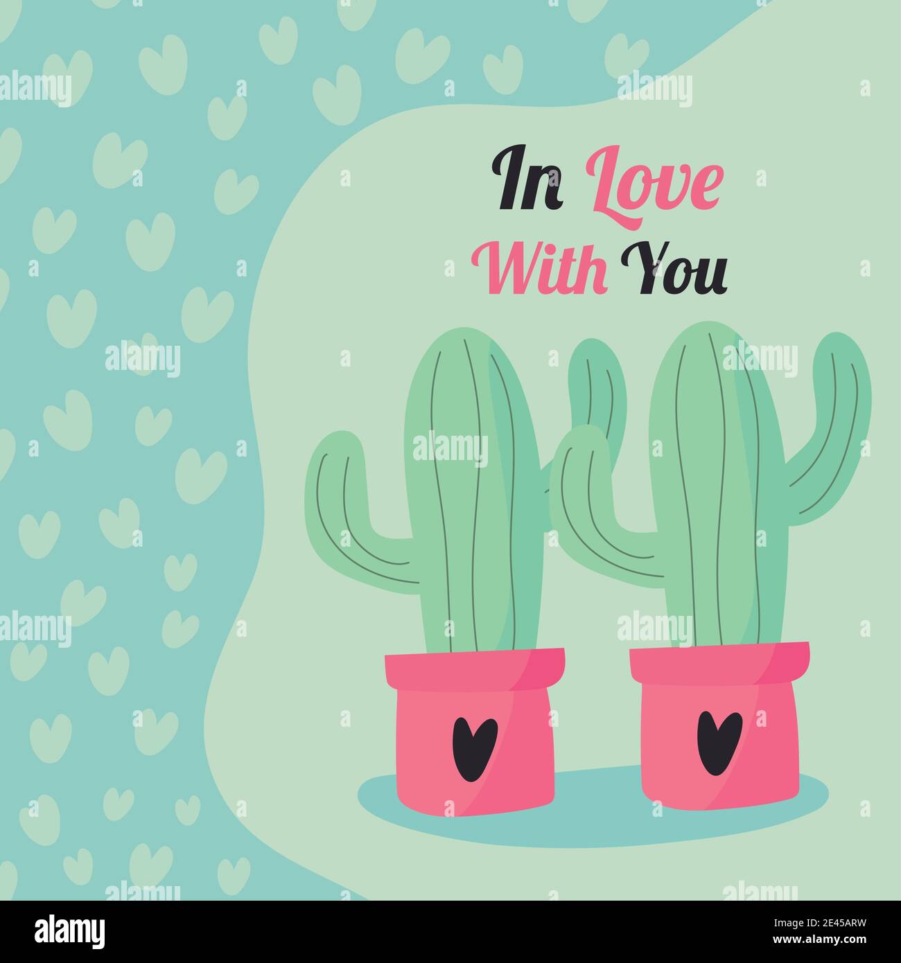 cactus plants in ceramic pots with hearts and love lettering vector ...