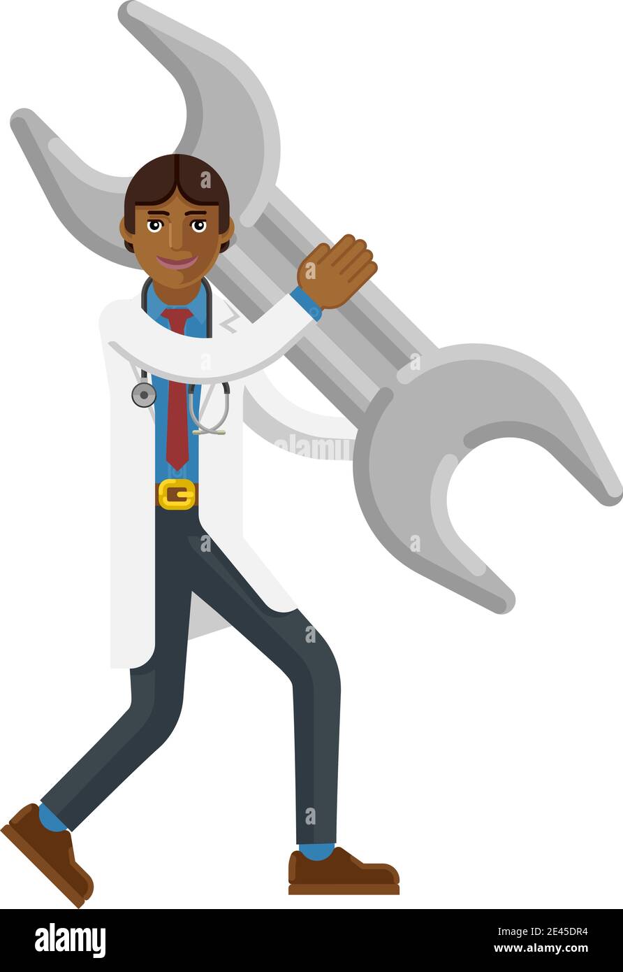 Asian Doctor Man Holding Spanner Wrench Mascot Stock Vector