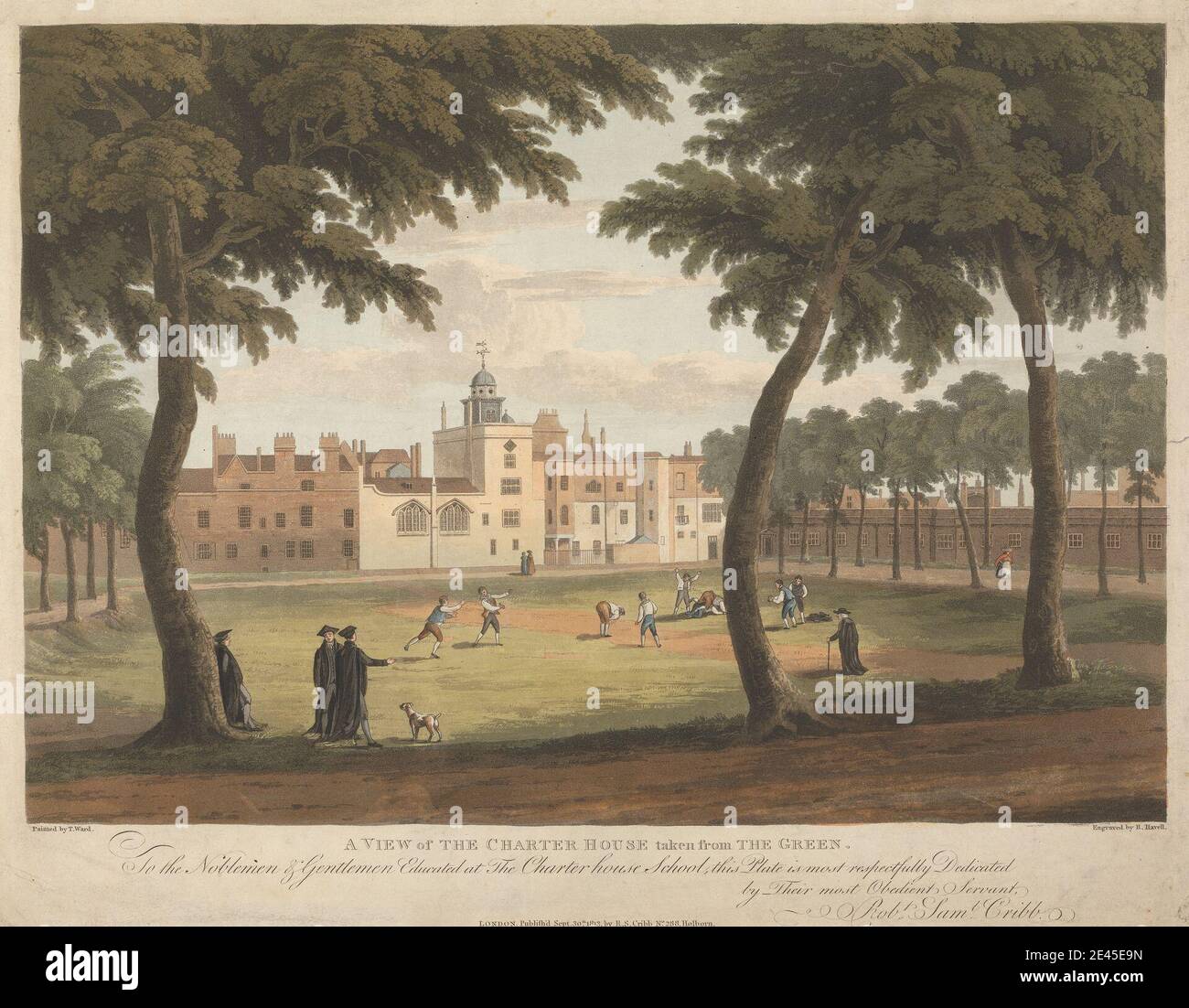Robert Havell, 1769â€“1832, British, A View of the Chapter House taken from the Green, 1813. Aquatint, hand-colored. Stock Photo