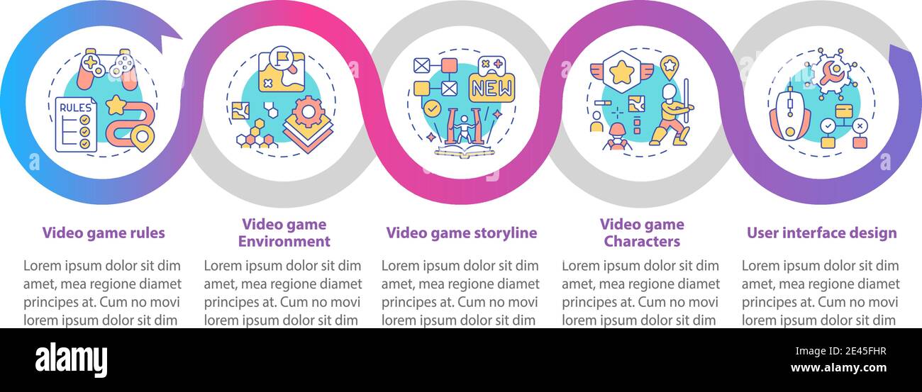 Video game design components vector infographic template Stock Vector