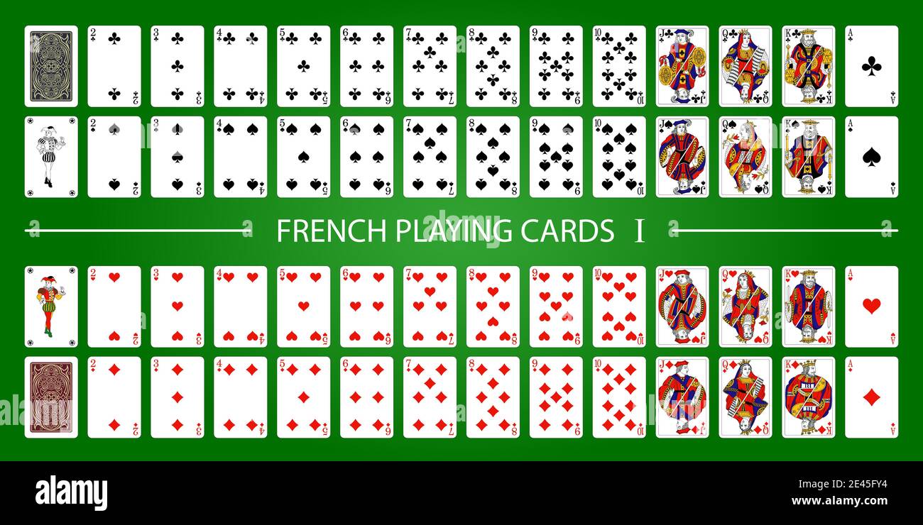 Poker set with isolated cards on green background. 52 French playing cards with jokers. Stock Vector