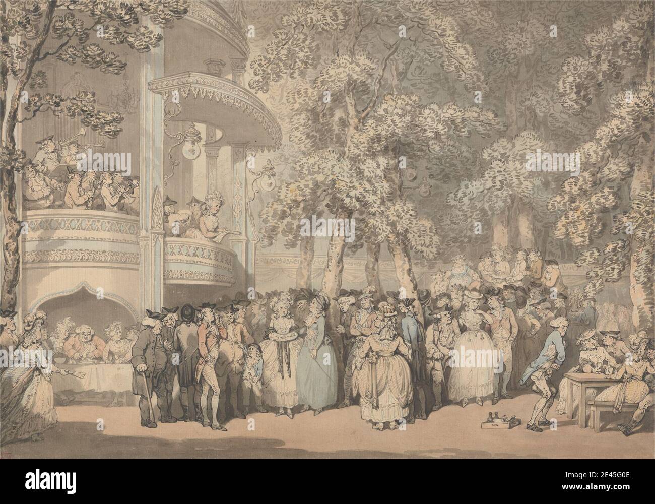 Thomas Rowlandson, 1756â€“1827, British, Vauxhall Gardens, ca. 1784. Watercolor, pen and black ink, pen and gray ink, and graphite on medium, sligtly textured, cream laid paper.   arch , audience , balcony , concert , costume , entertainment , gardens , genre subject , leisure , men , music , musical instruments , musicians , orchestra , organ , park (grounds) , performance , pleasure garden , rotunda (interior space) , satire , spectators , trees , women. England , Europe , Lambeth , London , Southwark , United Kingdom , Vauxhall Gardens Stock Photo