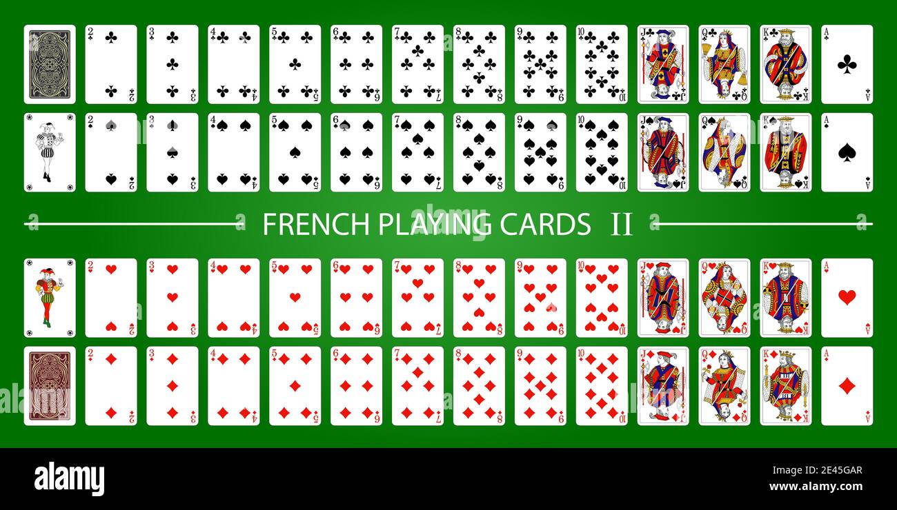 Poker set with isolated cards on green background. 52 French playing cards with jokers. Stock Vector
