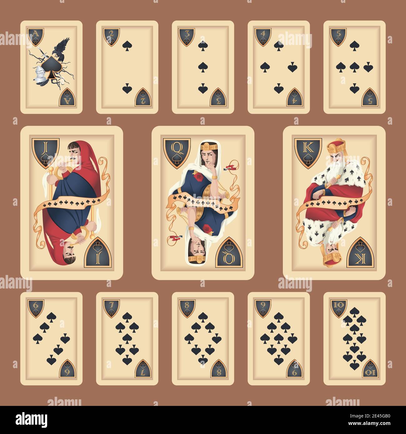 Classic cards of Spades suit on a green background. Original design